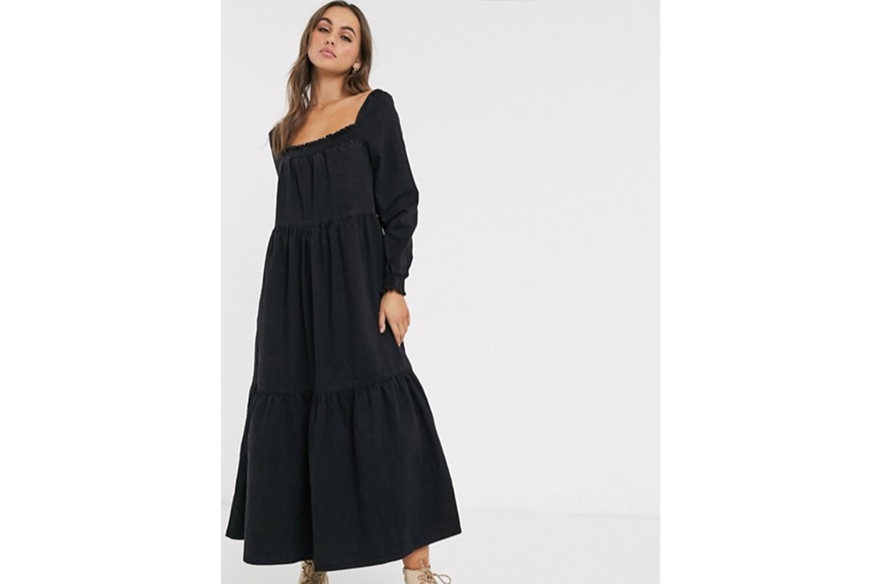 ASOS DESIGN Denim Prairie Midi Smock Dress in Black