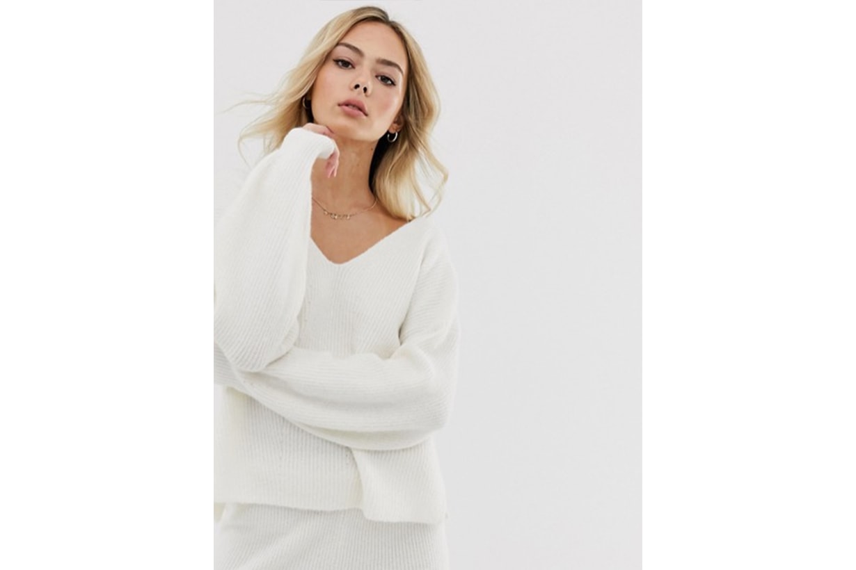 ASOS DESIGN Fluffy V Neck Ribbed Jumper with Balloon Sleeve in Recycled Blend
