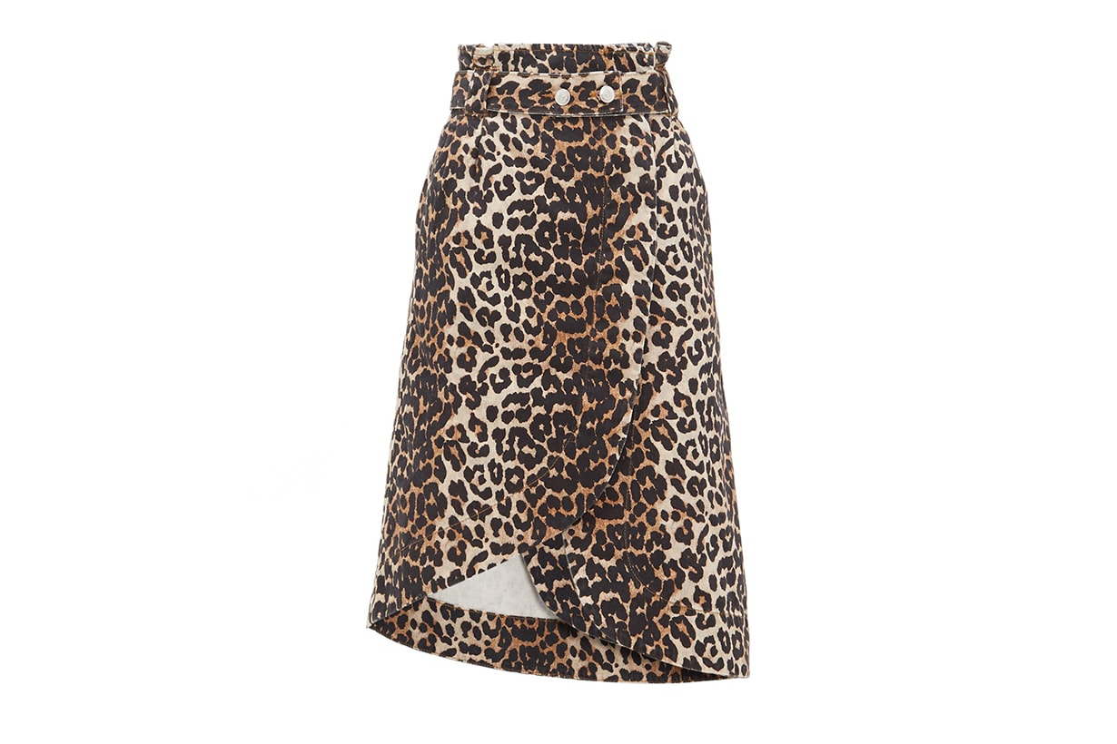 Leopard-print Cotton-denim Wrap Skirt