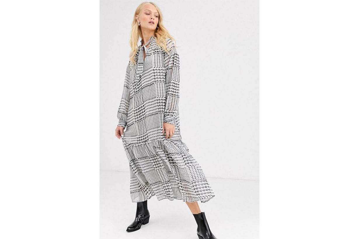 Only Check Smock Maxi Dress with Tie Neck Detail