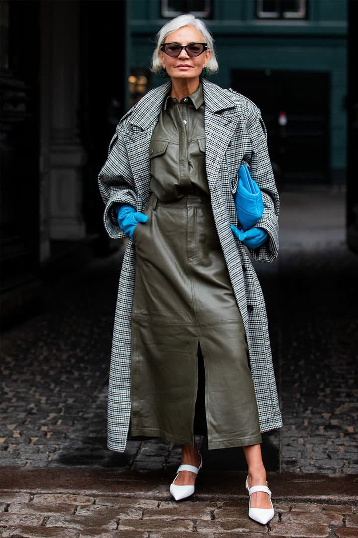 leather suits and checked coat street style