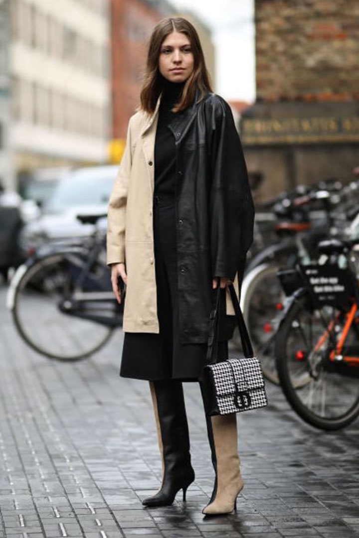 two tone leather jacket and boots street style
