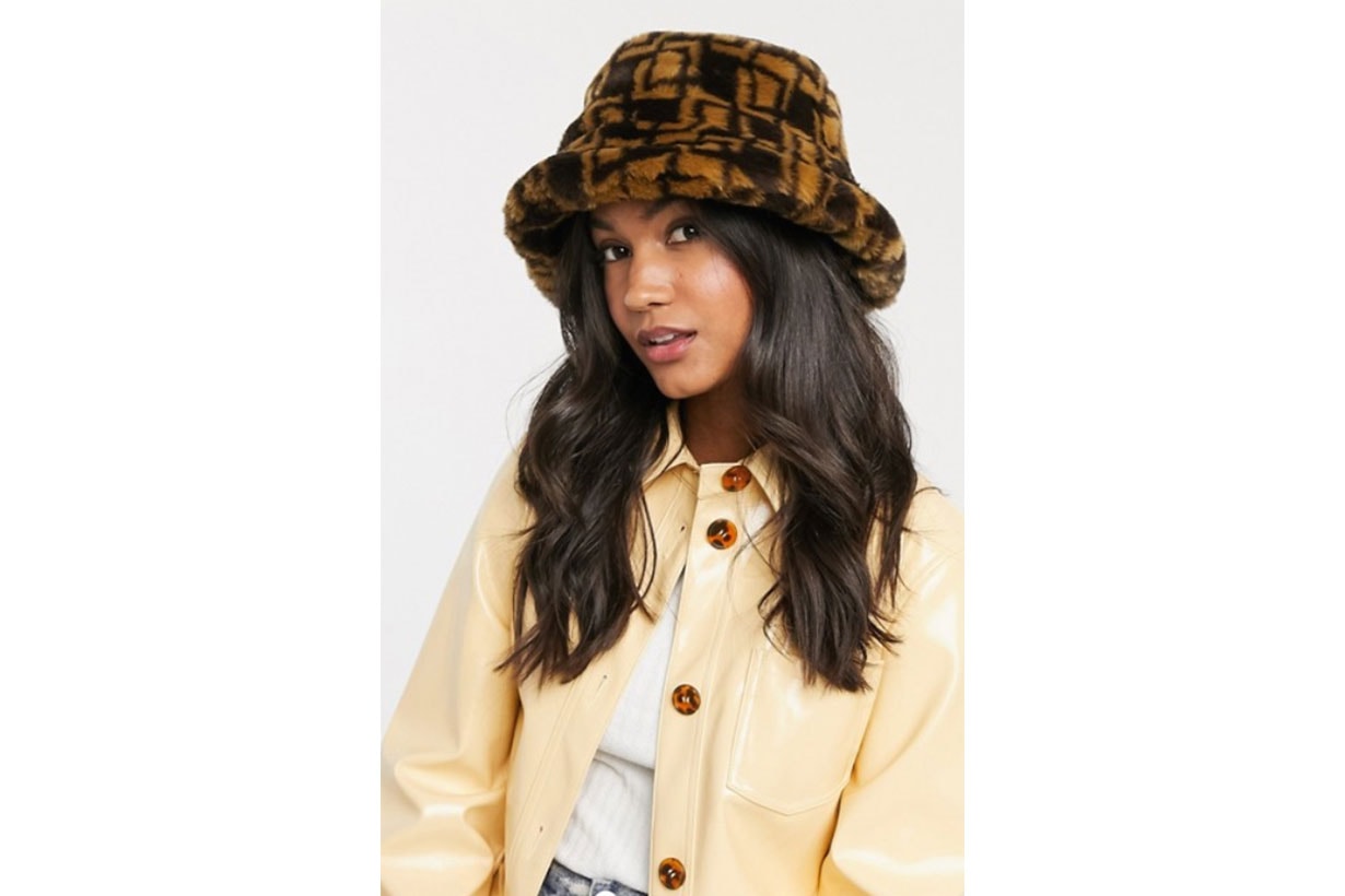 ASOS DESIGN Monogram Faux Fur Bucket Hat