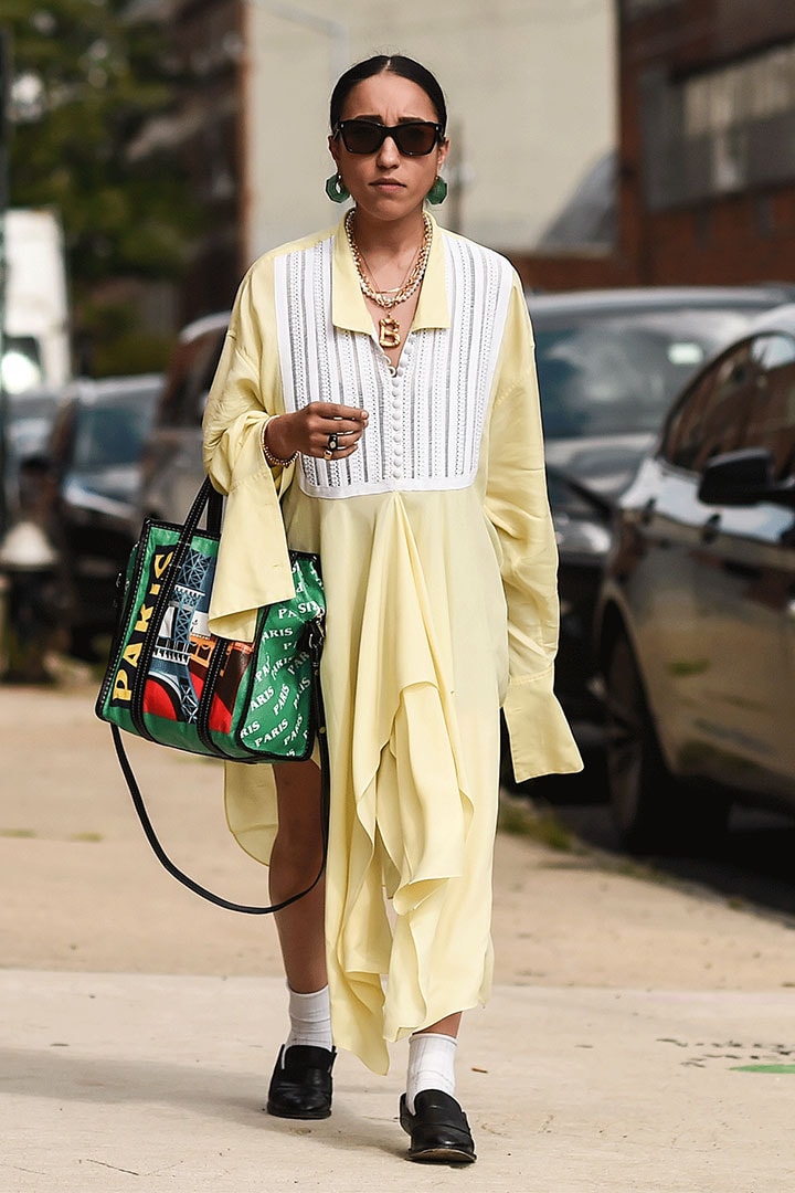 Street Style Yellow Dress with Loafers