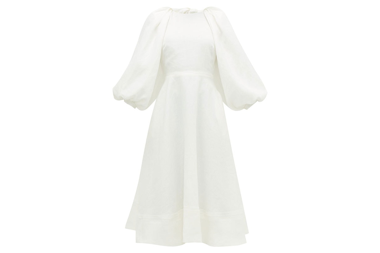 Cut-out balloon-sleeve hemp midi dress