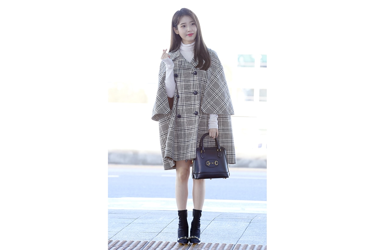 IU Lee Ji Eun Milan Fashion Week 2020 Fall Winter Gucci Cape Horse Bit Handbag High Heel Boots Airport fashion style celebrities style korean idols celebrities singers actresses