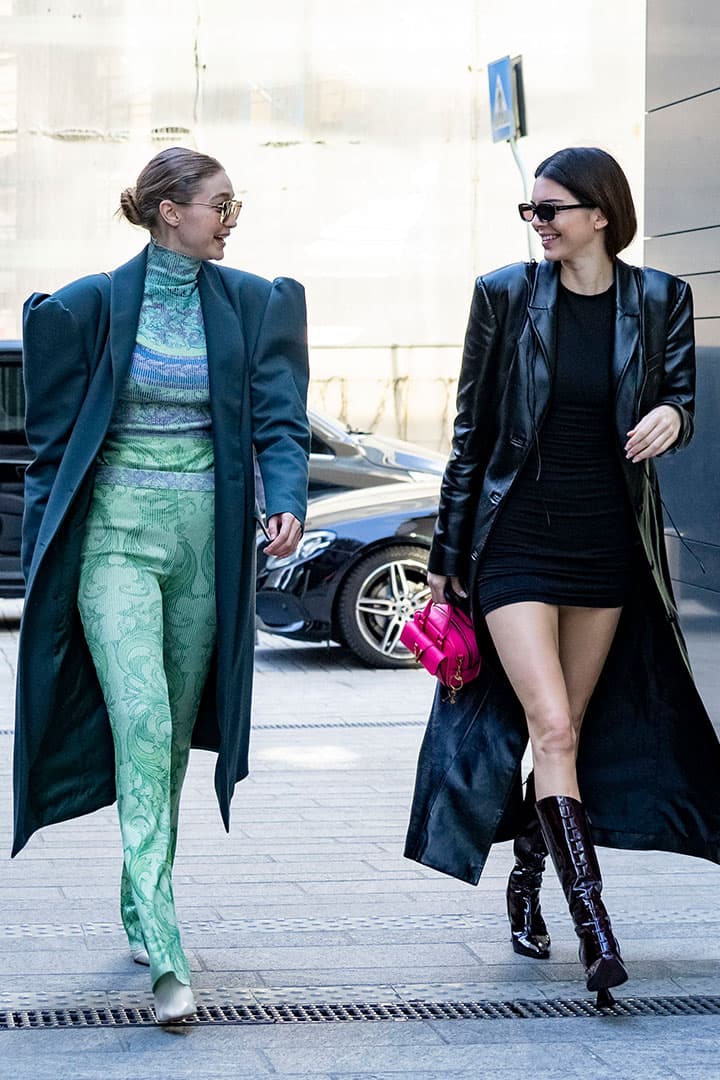 Kendall Jenner and Gigi Hadid are seen during Milan Fashion Week Fall/Winter 2020-2021 on February 21, 2020 in Milan, Italy.