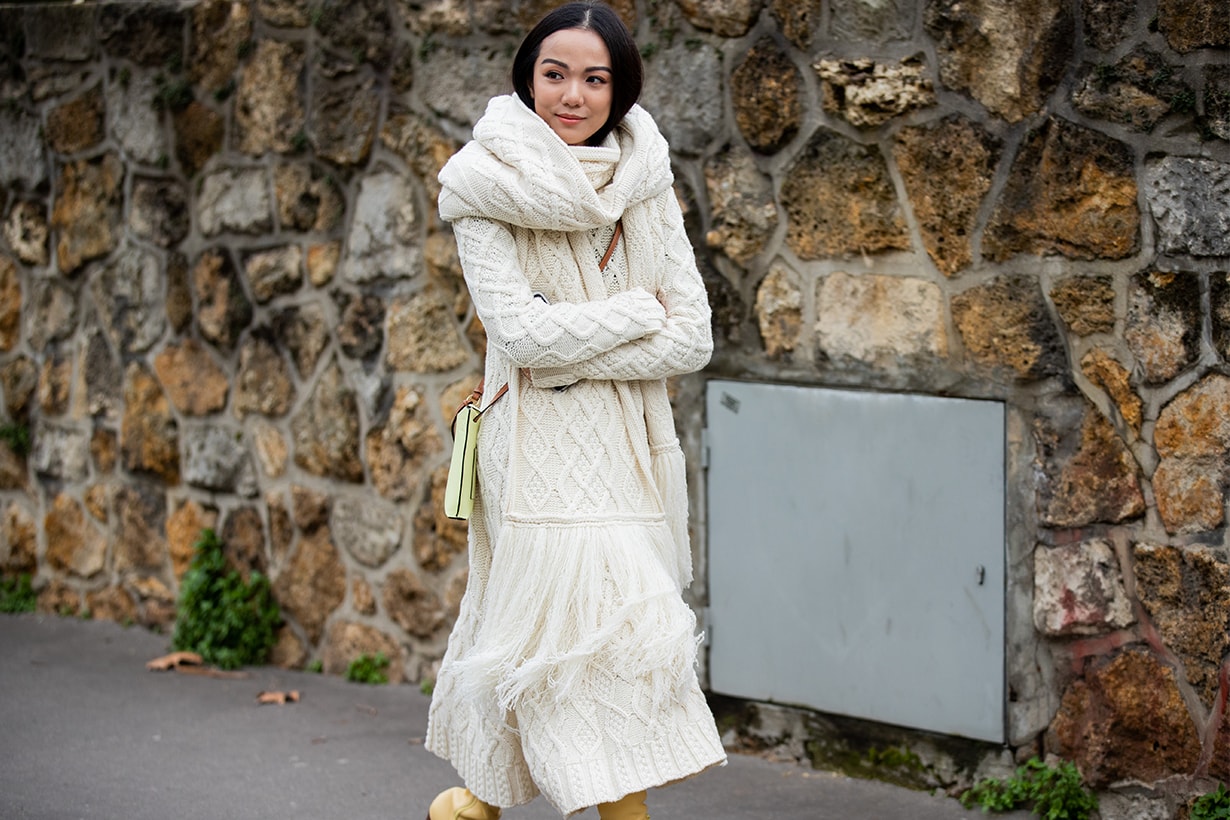 Yoyo Cao is seen wearing knitted skirt and jumper outside Loewe during Paris Fashion Week - Womenswear Fall/Winter 2020/2021 : Day Five on February 28, 2020 in Paris, France.