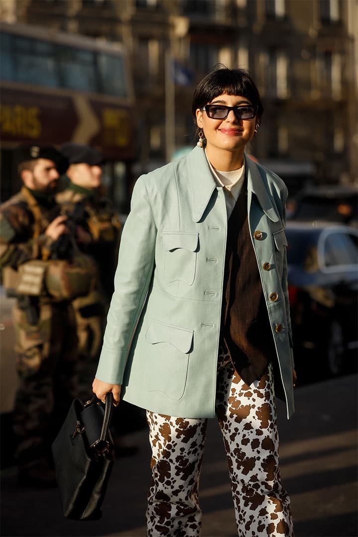 Maria Bernad wearing blue jacket, Louis Vuitton bag outside the Rochas show during the Paris Fashion Week Womenswear Fall/Winter 2020/2021 on February 26, 2020 in Paris, France.