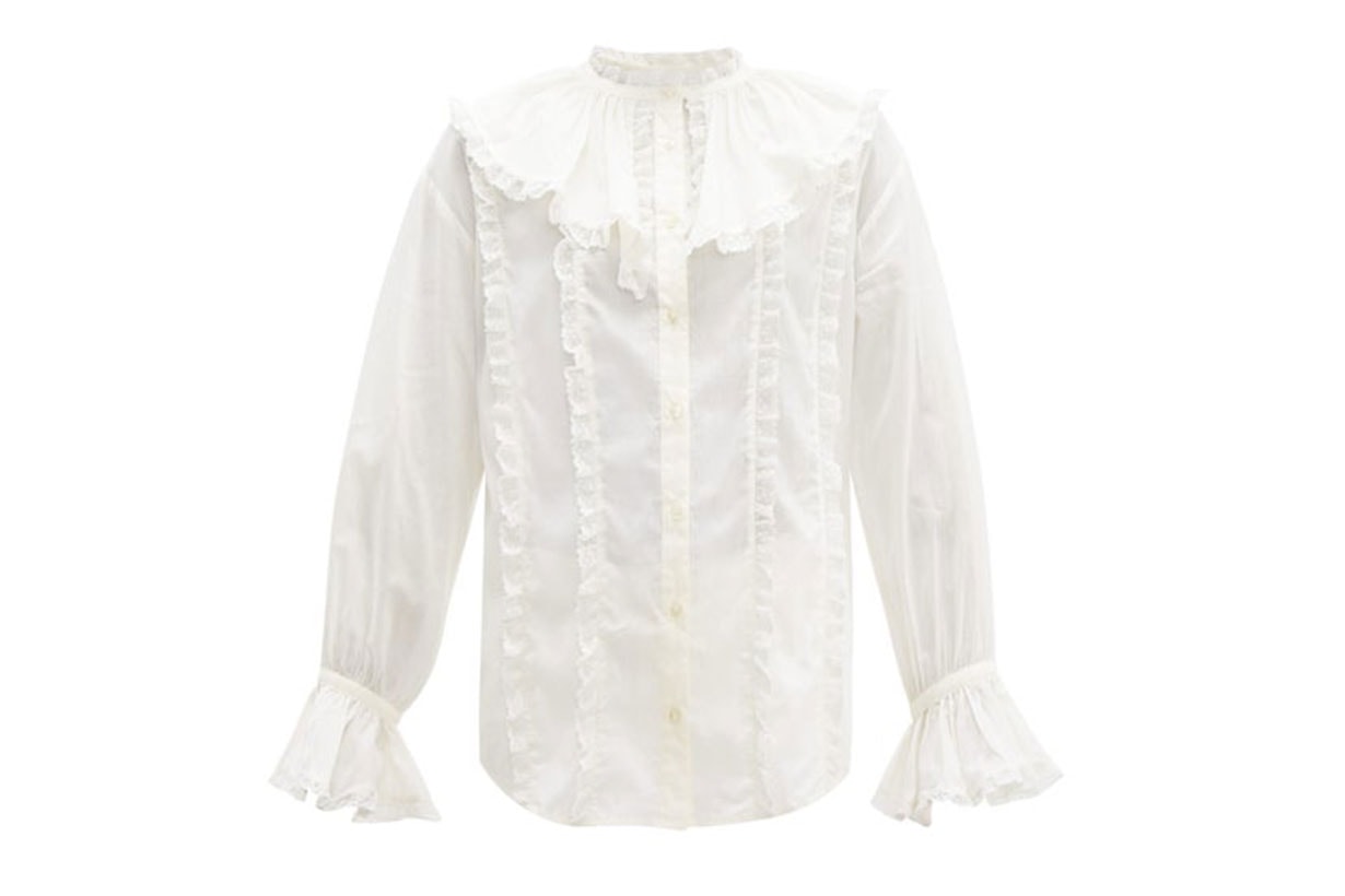 Ruffled-collar Lace and Cotton Blouse