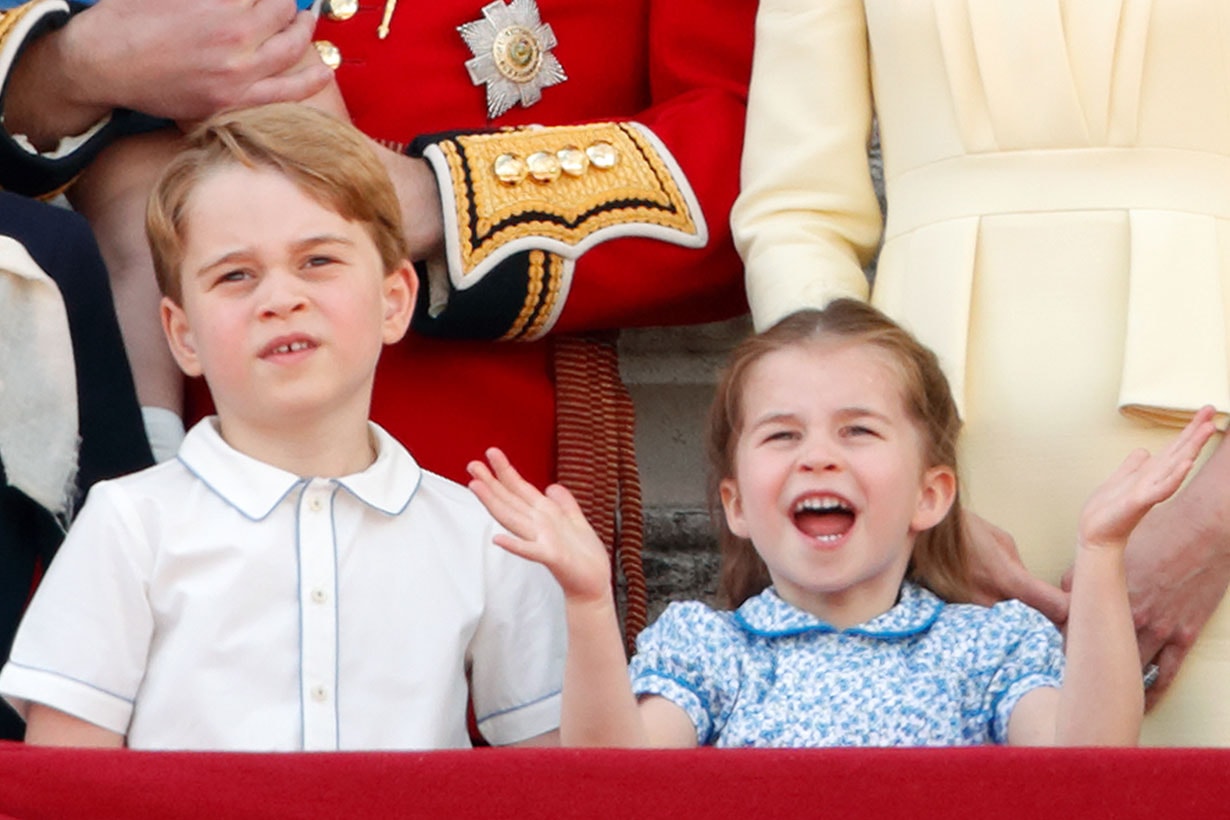 Prince George of Cambridge and Princess Charlotte of Cambridge watch a flypast from the balcony of Buckingham Palace during Trooping The Colour, the Queen's annual birthday parade, on June 8, 2019 in London, England. The annual ceremony involving over 1400 guardsmen and cavalry, is believed to have first been performed during the reign of King Charles II. The parade marks the official birthday of the Sovereign, although the Queen's actual birthday is on April 21st.