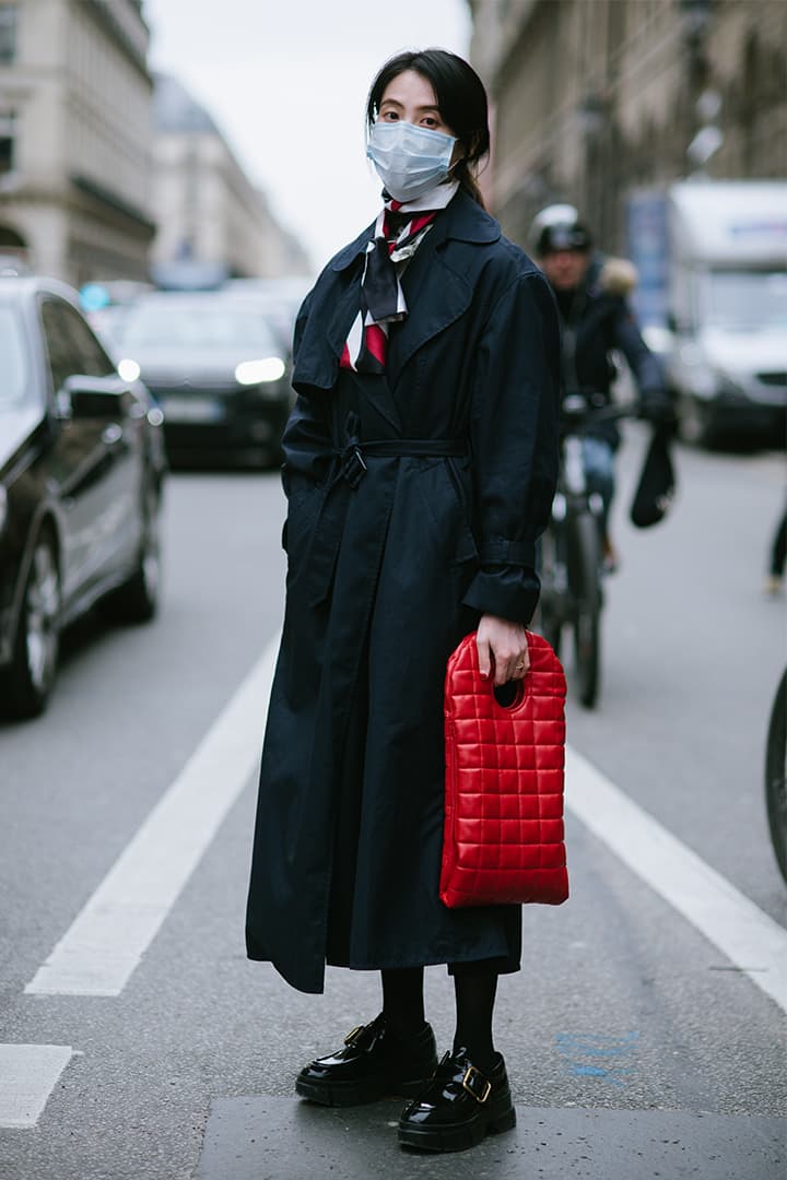 A guest poses after the Nina Ricci show at the Musée des Arts Décoratifs during Paris Fashion Week Womenswear Fall/Winter 2020/2021 on February 28, 2020 in Paris, France.