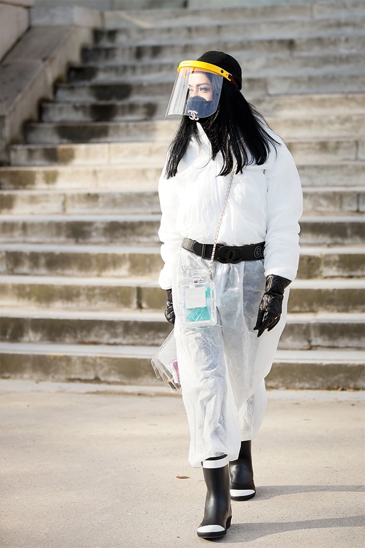 A guest wearing Chanel mask, nelt and bag outside the Chanel show during Paris Fashion Week Womenswear Fall/Winter 2020/2021 Day Nine on March 03, 2020 in Paris, France.