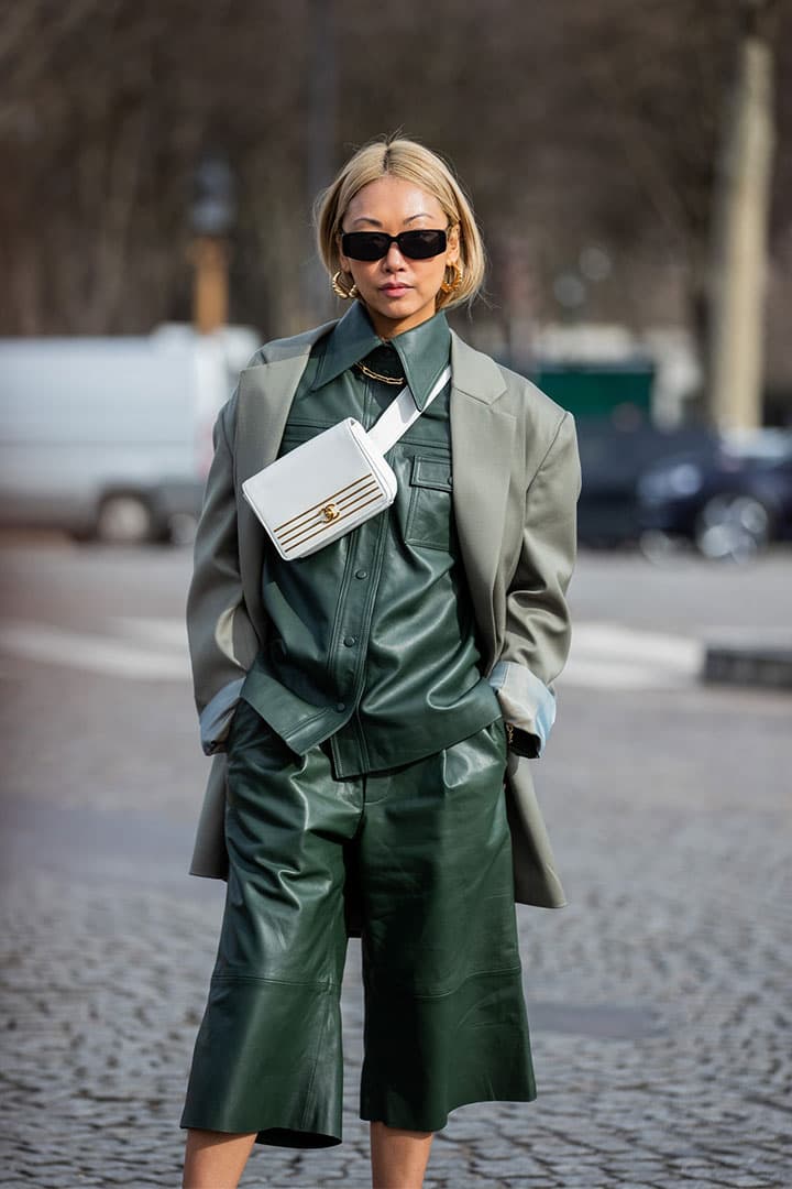 green leather shirt and shorts street style