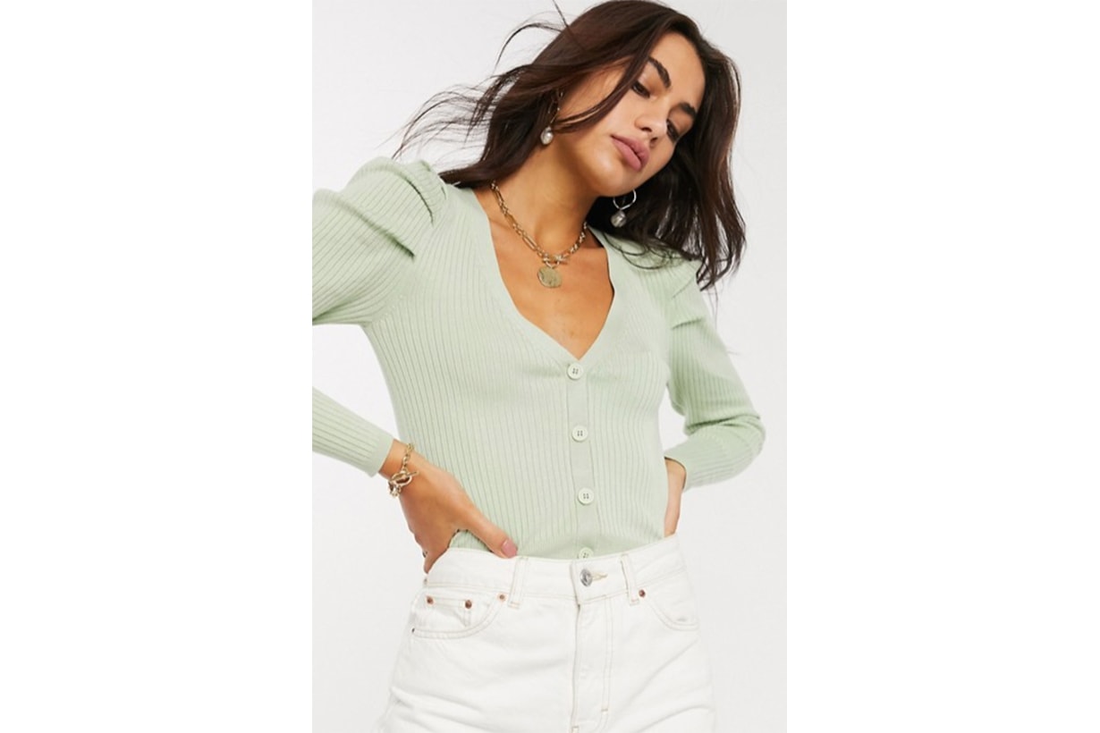 Stradivarius Ribbed Cardigan in Mint