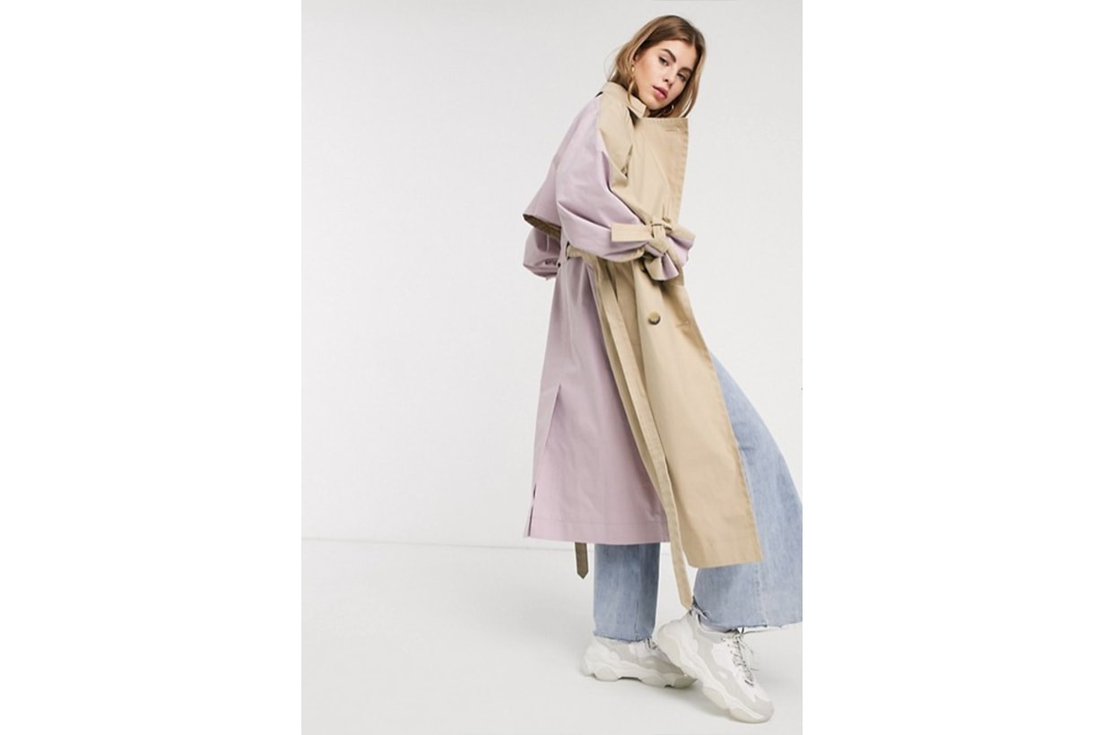 ASOS DESIGN Colourblock tie sleeve trench coat in stone