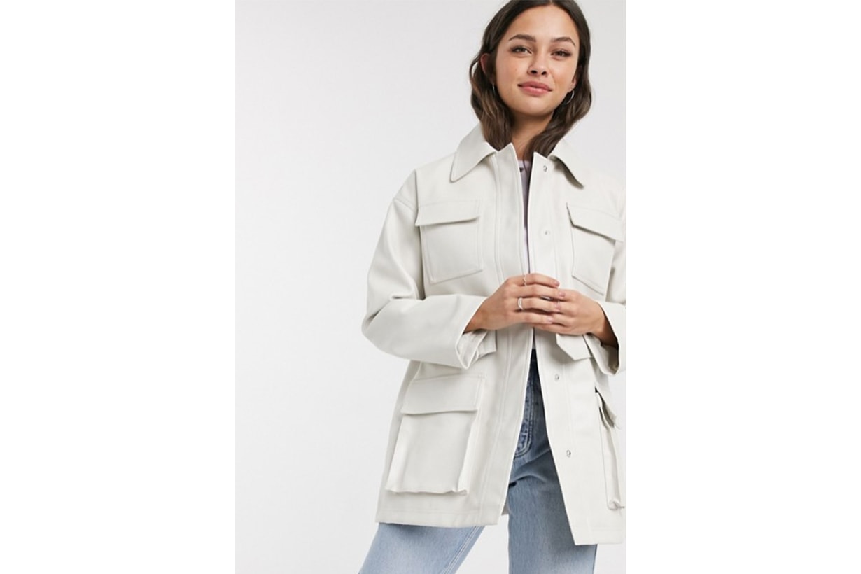 ASOS DESIGN four pocket belted faux leather jacket in white