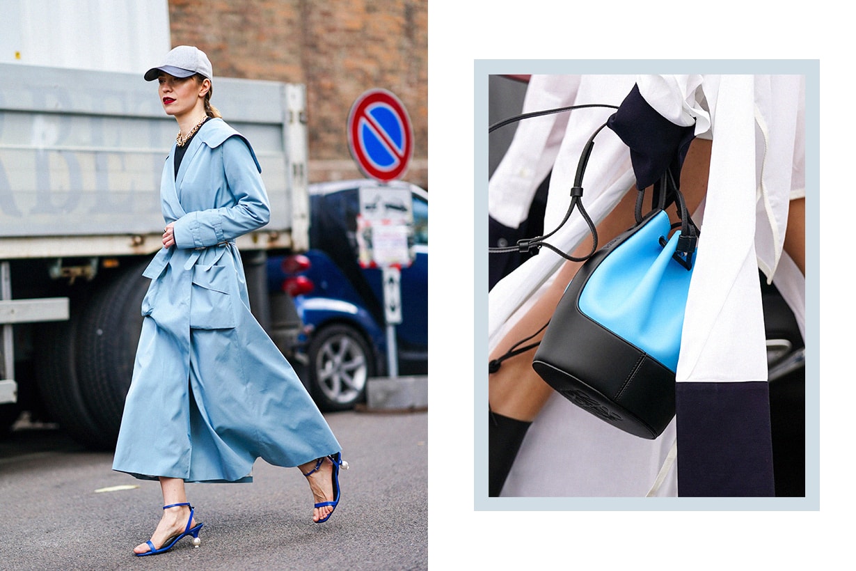 A guest wears a cap, a blue long dress, a beige leather bag, blue shoes, a necklace, outside Max Mara, during Milan Fashion Week Fall/Winter 2020-2021 on February 20, 2020 in Milan, Italy.