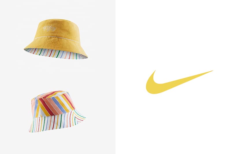 nike logo bucket hat yellow retro reversible striped pattern accessories