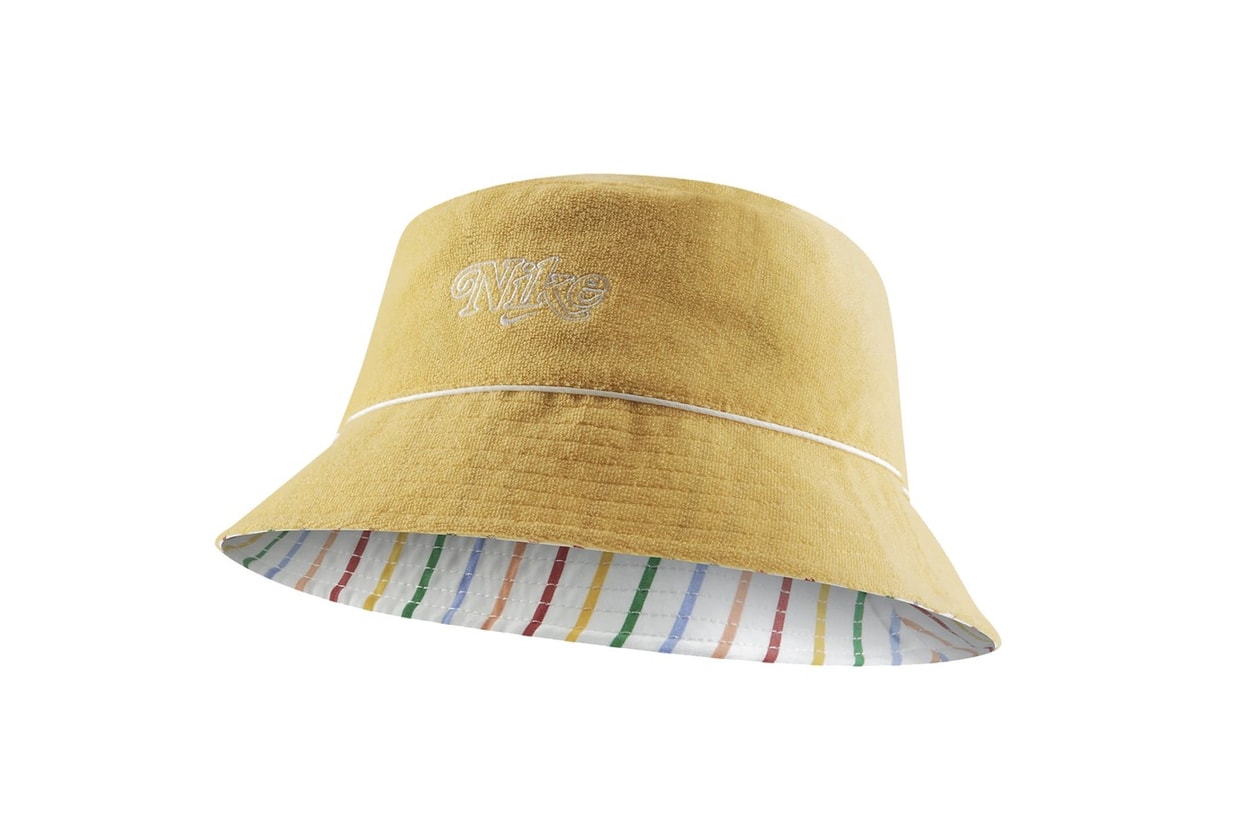 nike logo bucket hat yellow retro reversible striped pattern accessories