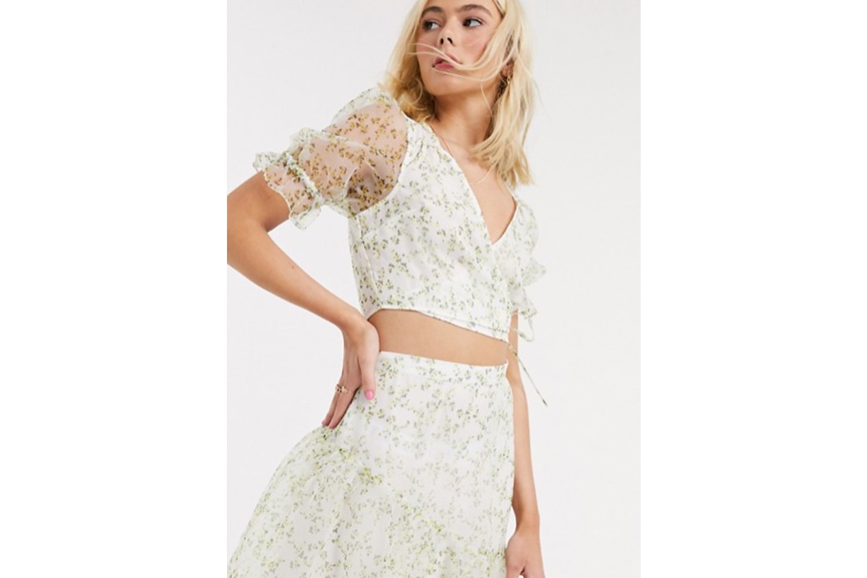 ASOS DESIGN short sleeve organza wrap top in floral print co-ord
