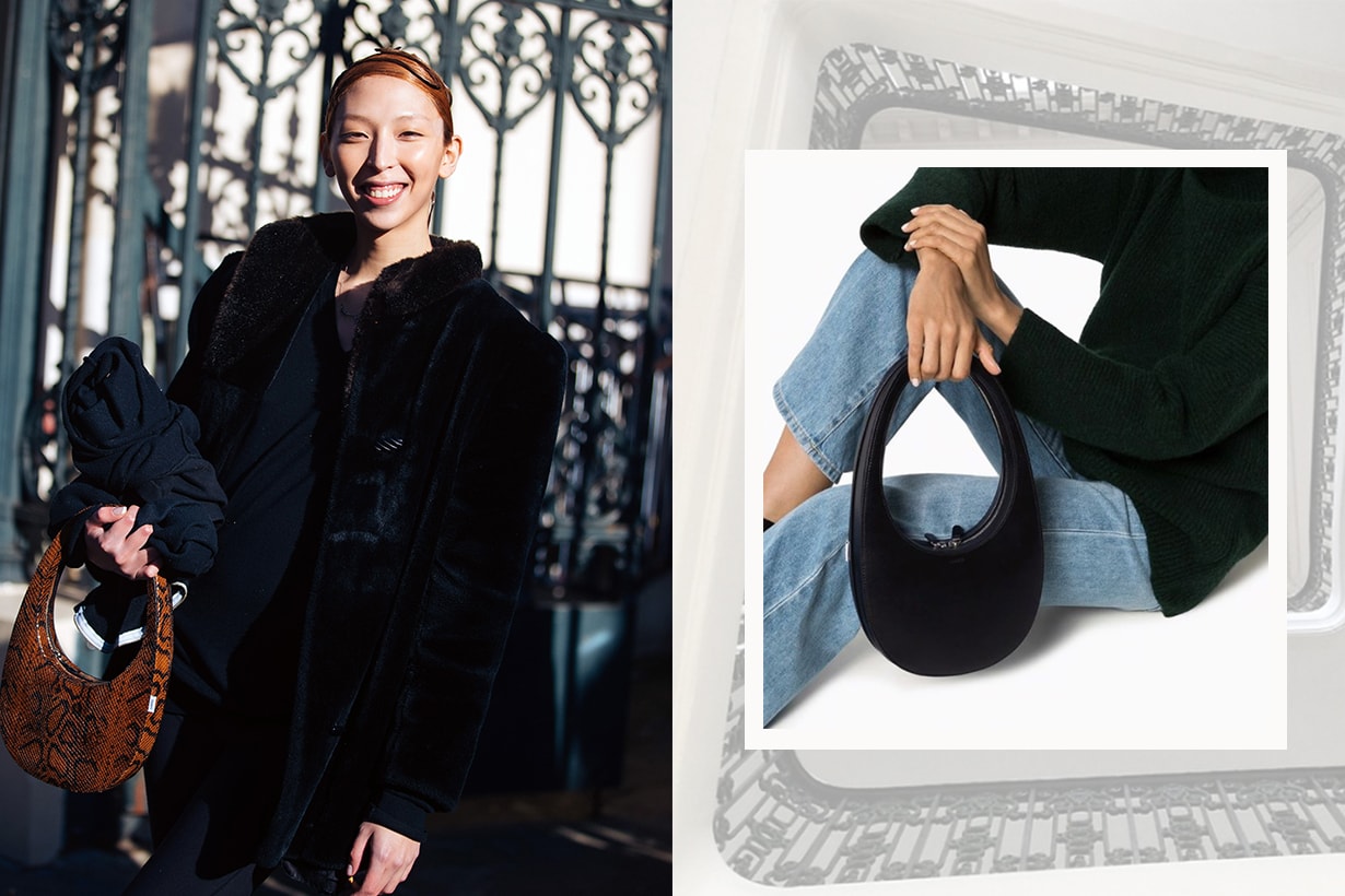 Model Issa Lish wears all black and carries a brown Coperni crocodile Swipe bag after the Iris Van Herpen show on January 20, 2020 in Paris, France.