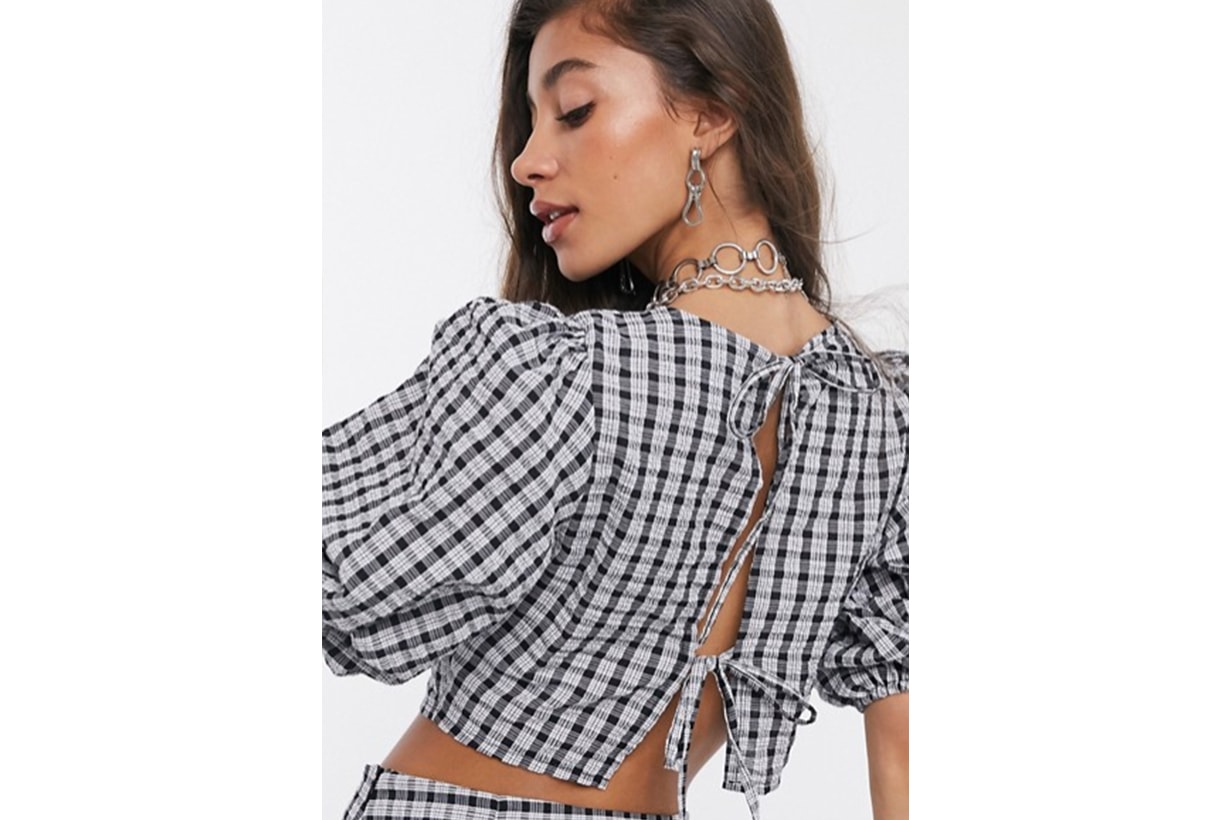 Reclaimed Vintage inspired puff sleeve top with tie back detail in textured check