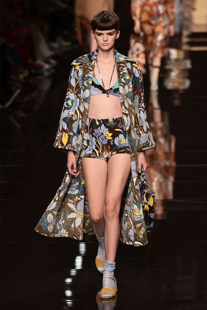 A model presents a creation during the Fendi Spring Summer 2020 fashion show on September 19, 2019 in Milan.