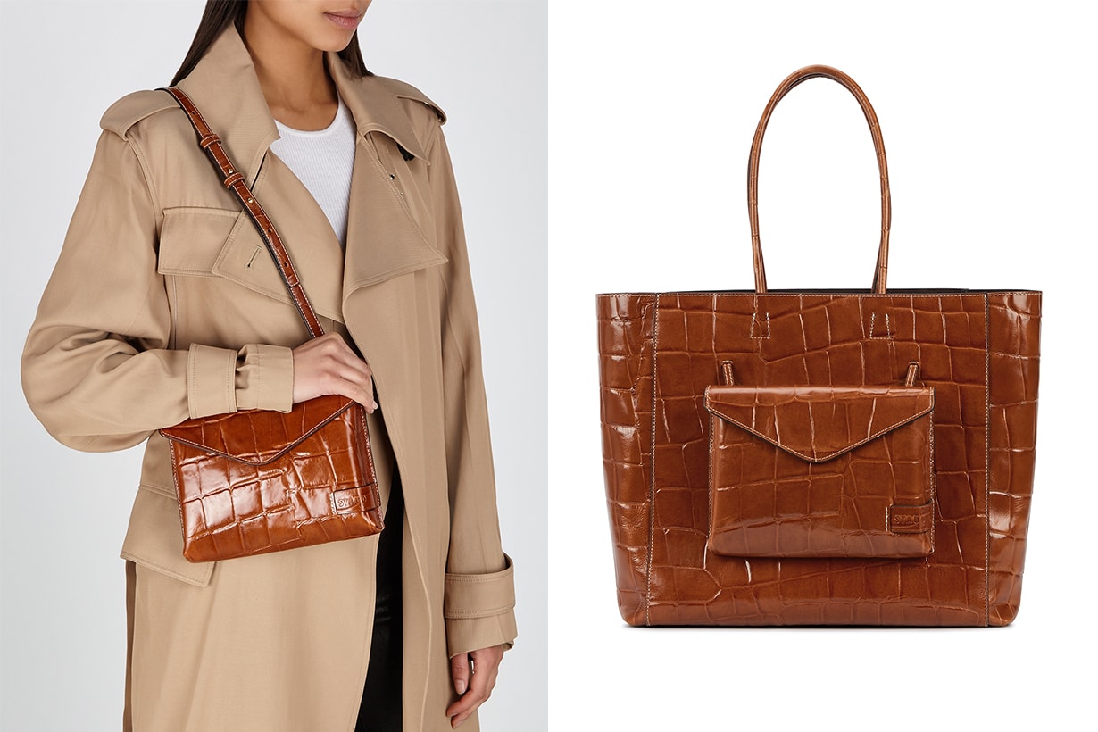 STAUD Linda brown crocodile-effect leather tote