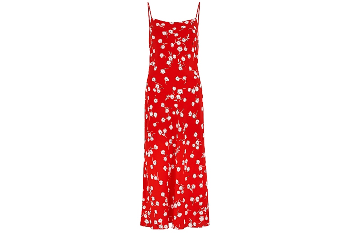 White Daisy red printed silk midi dress