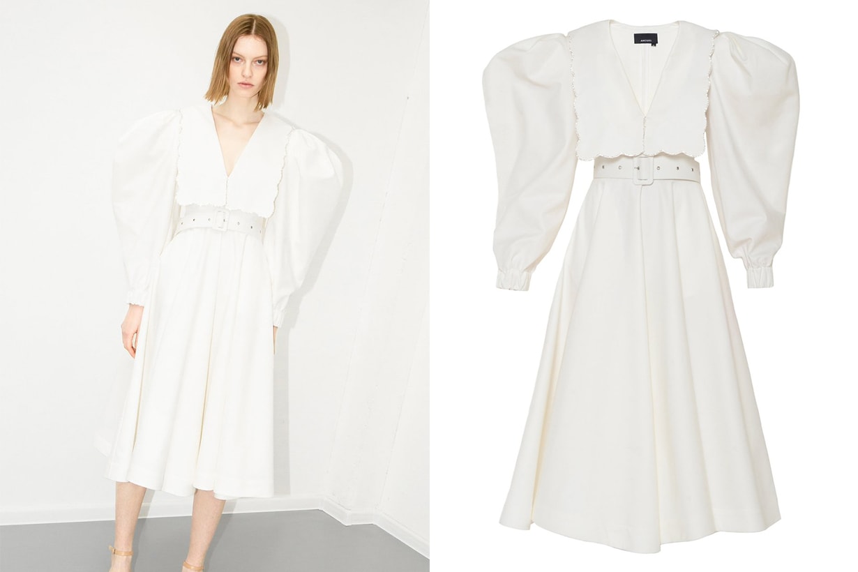 Anouki Puff Sleeve Puritan Collar White Dress With Crystal Embroidery Details