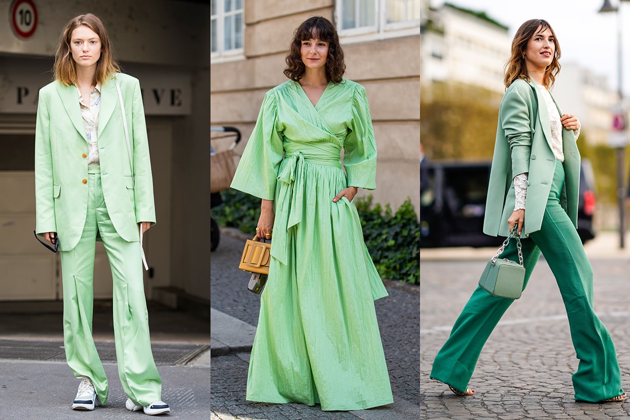 Jeanne Damas wears a green blazer jacket, a bag, flare pants, outside Valentino, during Paris Fashion Week Womenswear Spring/Summer 2019, on September 30, 2018 in Paris, France.