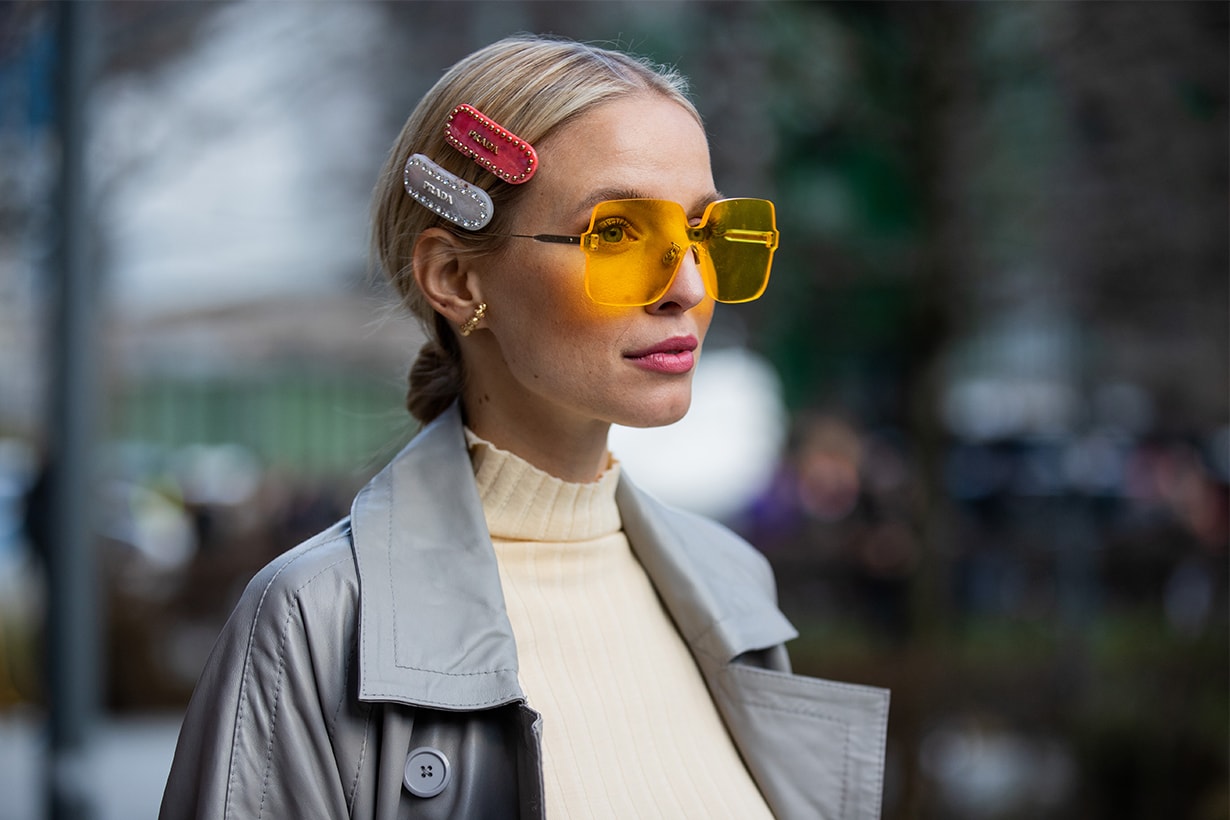 Leonie Hanne is seen wearing Prada hair clip outside Christopher Kane during London Fashion Week February 2020 on February 17, 2020 in London, England. 