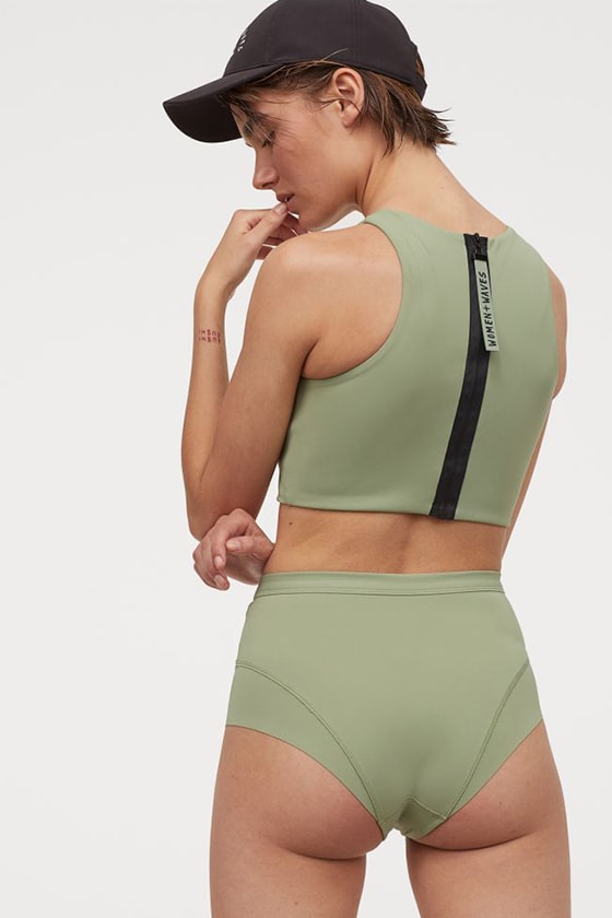 HnM crossover Women + Waves swimsuit wakesurfing and wakeboarding