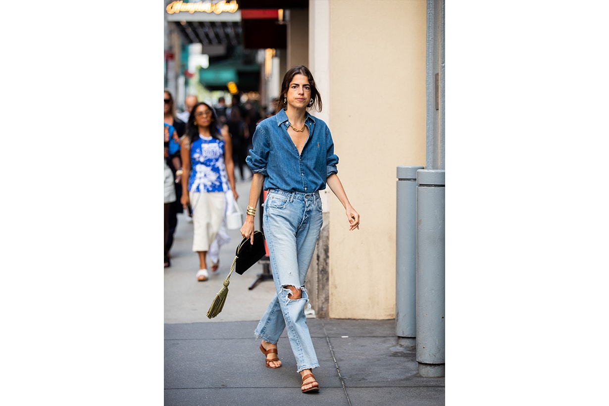  Leandra Medine is seen wearing ripped denim jeans, button shirt outside Tibi during New York Fashion Week September 2019 on September 08, 2019 in New York City. 
