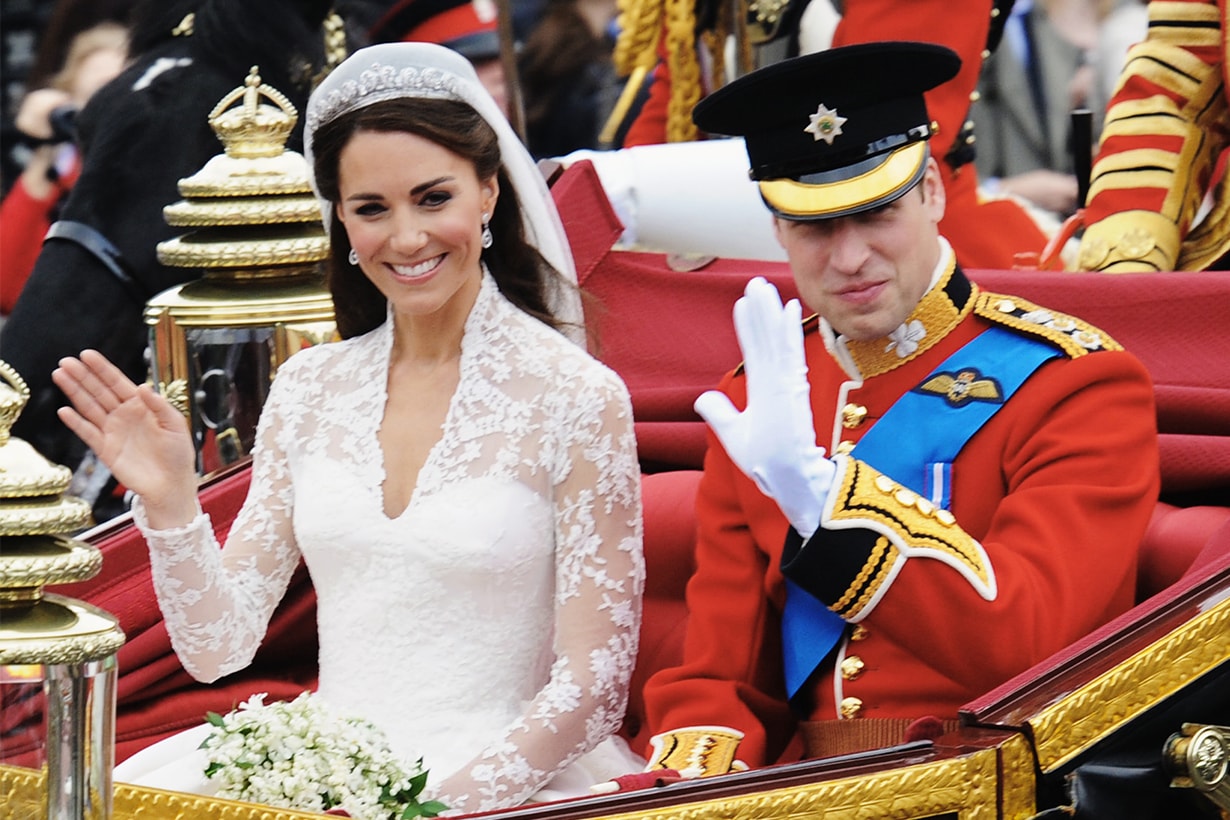 HRH Prince William and Princess Catherine in the procession after their Royal wedding at Westminster Abbey .
