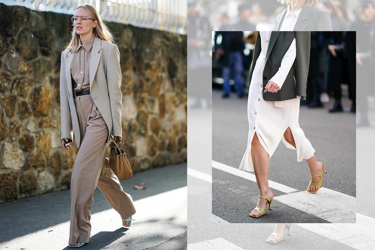 A guest wears glasses, a beige blazer jacket, a shirt, flare pants, a brown leather bag, outside Loewe, during Paris Fashion Week - Womenswear Spring Summer 2020, on September 27, 2019 in Paris, France.