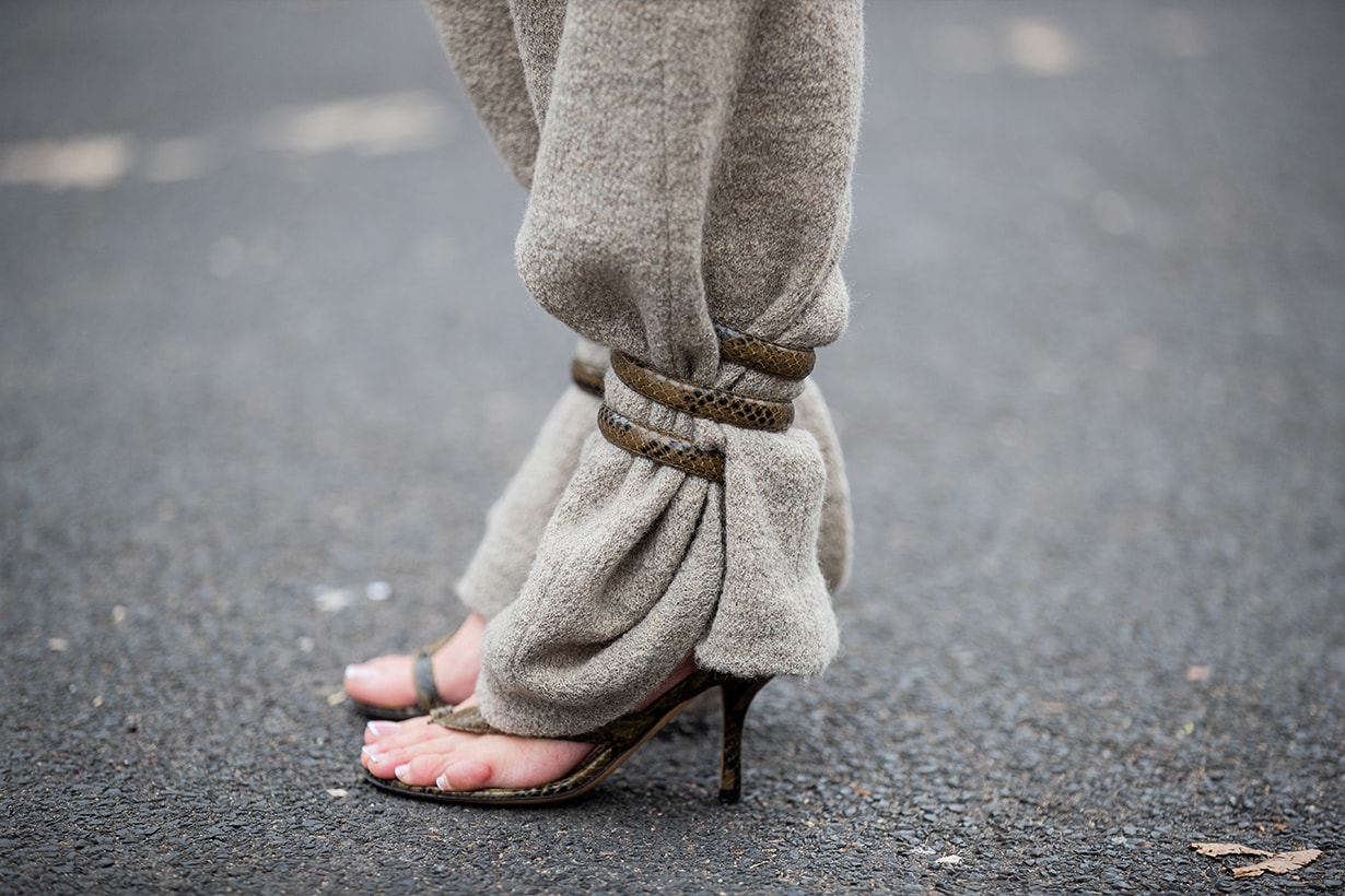 Gitta Banko is seen wearing beige pants by Boscana x Gitta Banko, python sandals with wrap around straps by Bottega Venetta on January 25, 2020 in Dusseldorf, Germany. 