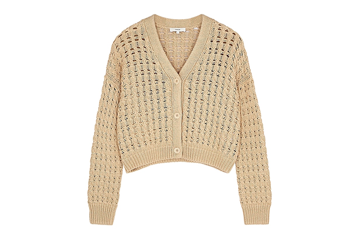 VINCE Light brown cropped open-knit cardigan