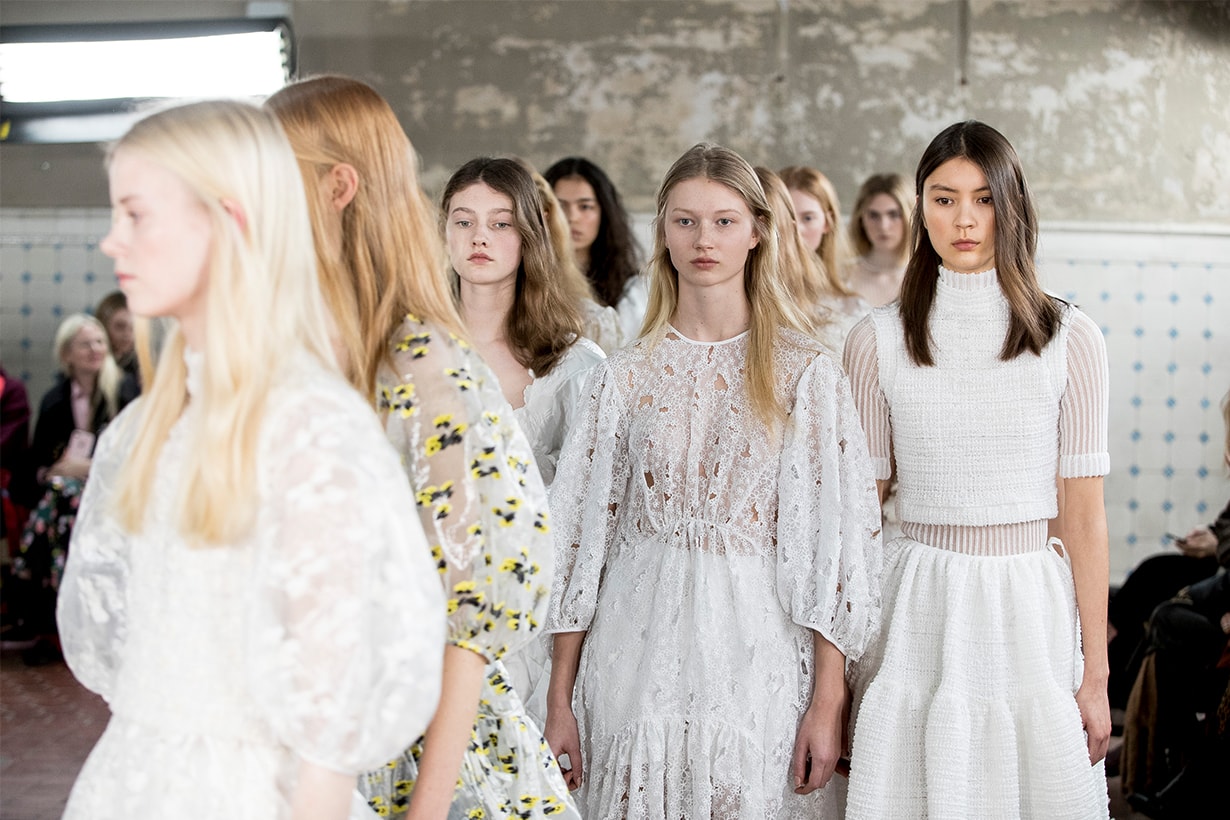 Models for the final walk on the runway at the Cecilie Bahnsen show during the Copenhagen Fashion Week Autumn/Winter 2019 on January 31, 2019 in Copenhagen, Denmark.