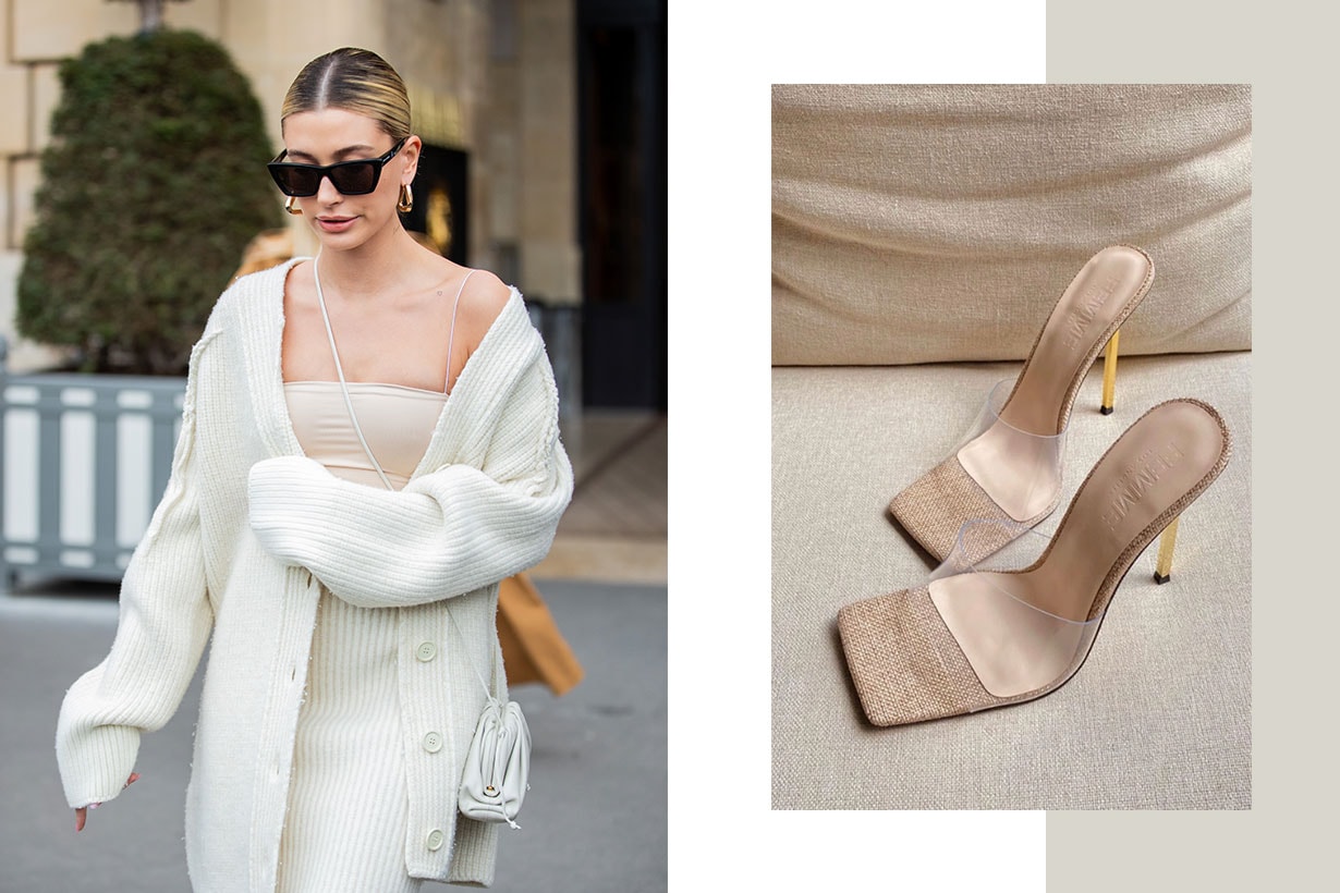 Hailey Bieber is seen wearing creme white cardigan, knitted skirt and top, Bottega bag during Paris Fashion Week Womenswear Fall/Winter 2020/2021 : Day Four on February 27, 2020 in Paris, France.