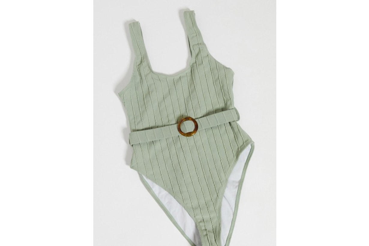 Missguided ribbed swimsuit with ring belt detail in khaki