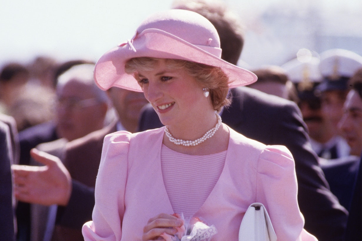 Diana Princess of Wales arrives in Sicily on April 30, 1985 during the Royal Tour of Italy. Diana wore a dress designed by Catherine Walker and a hat by John Boyd.