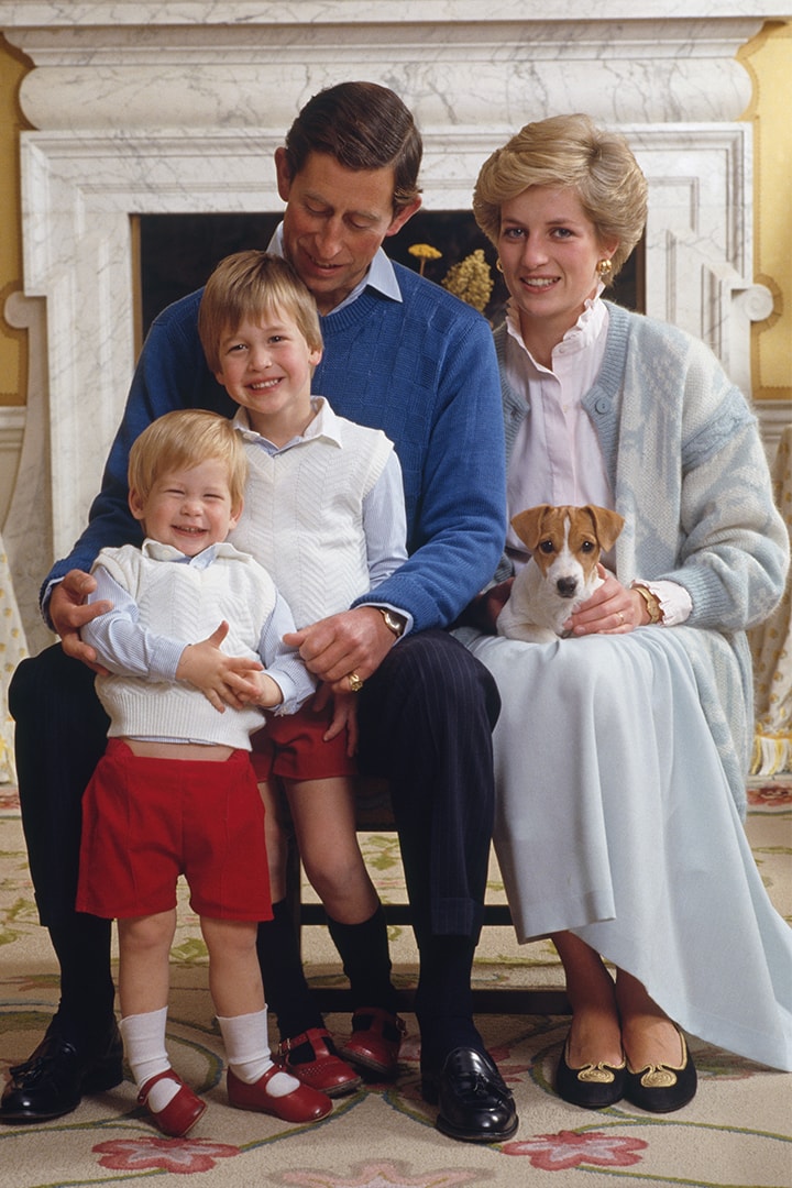 Prince Charles, Prince of Wales and Diana, Princess of Wales at home in Kensington Palace, London, with their sons Prince William and Prince Harry (left), December 1986.