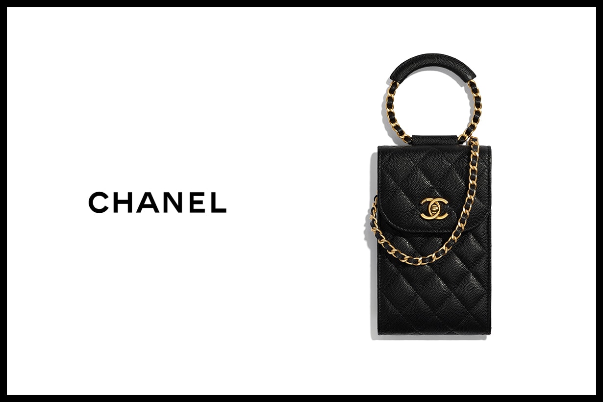 Chanel phone holder with chain grained shiny calfskin gold tone metal bags