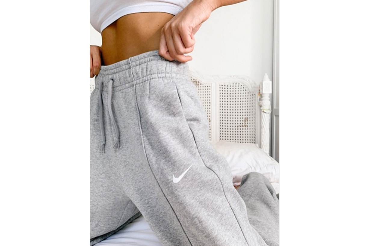 Nike Mini swoosh high waisted wide leg joggers in grey