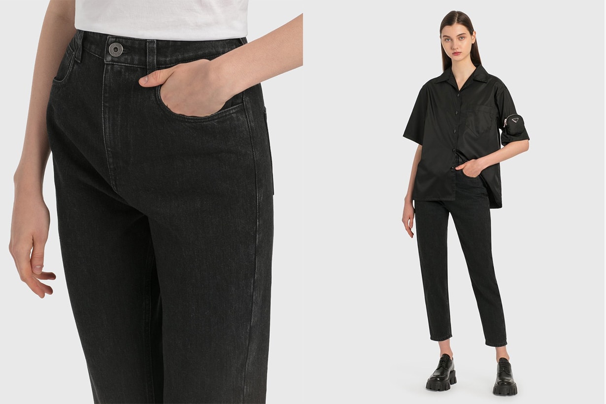 prada women denim jeans black metal triangle logo pocket price