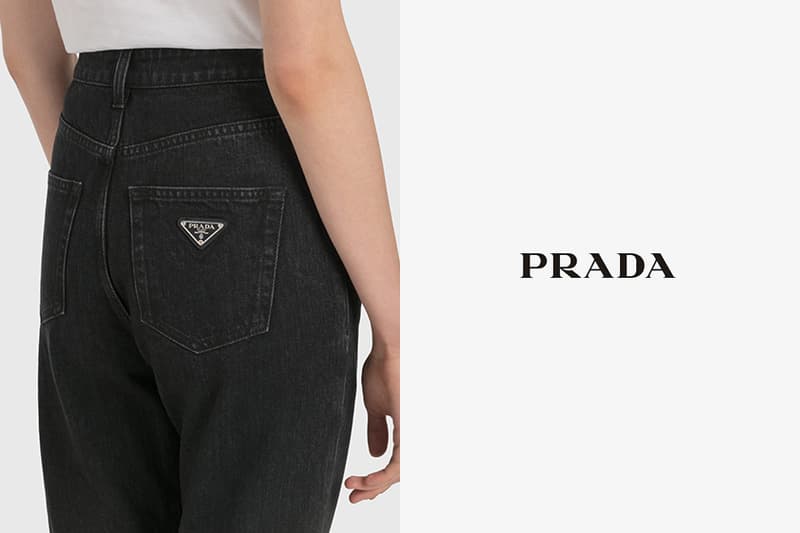 prada women denim jeans black metal triangle logo pocket price