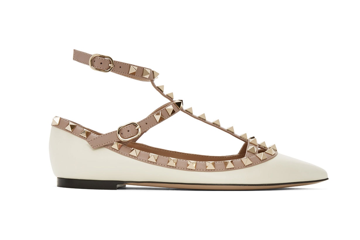White & Pink Valentino Garavani Rockstud Caged Ballerina Flats