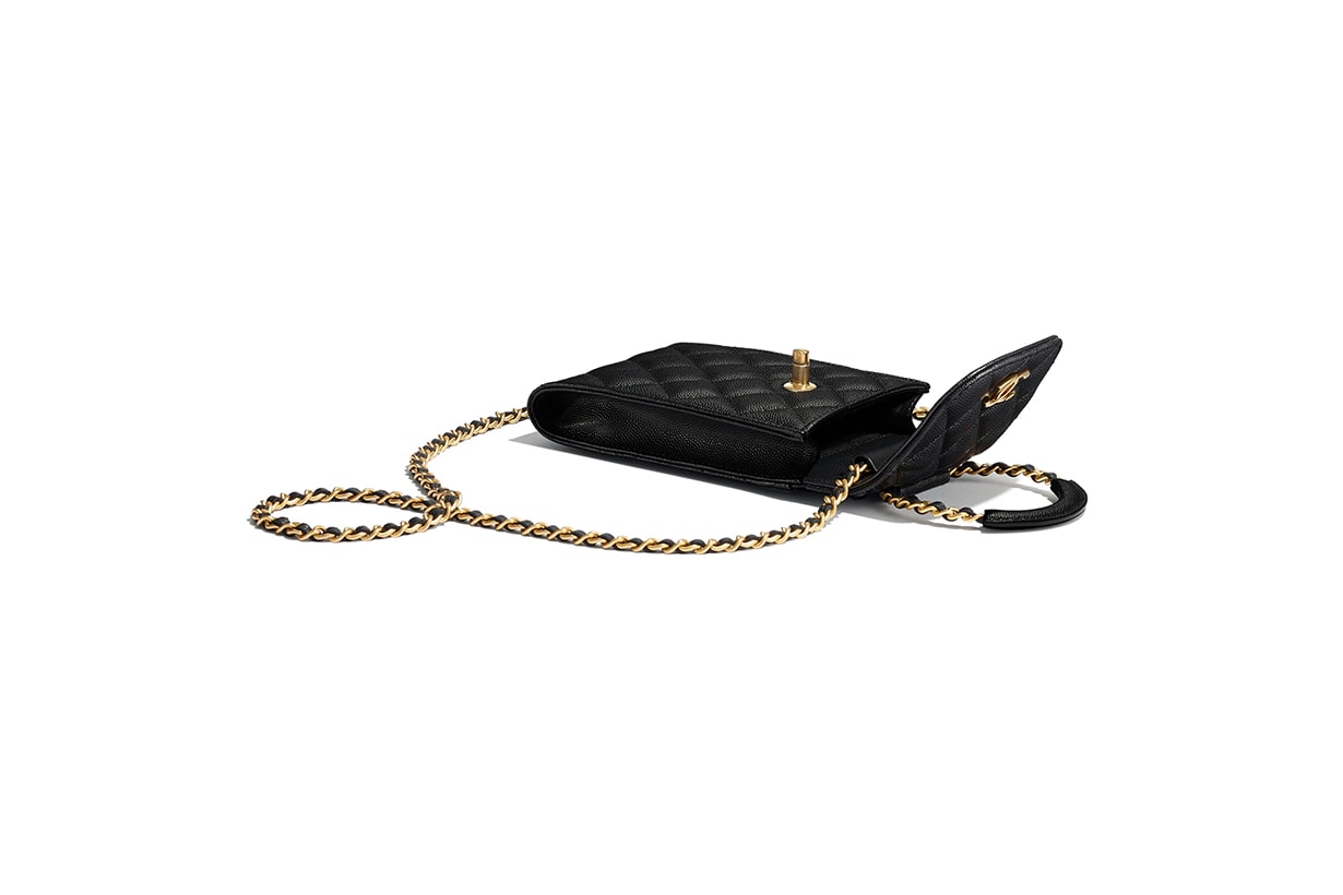 Chanel phone holder with chain grained shiny calfskin gold tone metal bags